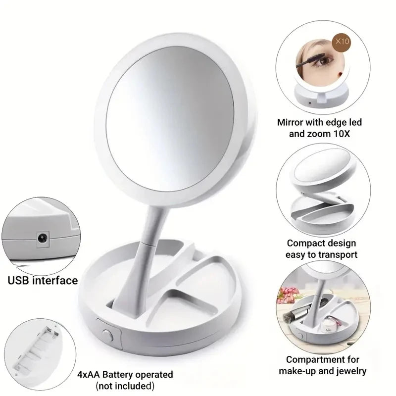 Double-Sided Travel LED Makeup Mirror with 10X Magnification Folding Portable Cosmetic Mirror with Lights Dual Powered Supply