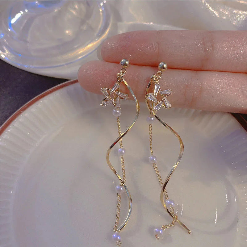 Light Luxury Zircon Star Pearl Wave Long Tassel Earrings Women Temperament Fashion Jewelry Dainty Gifts
