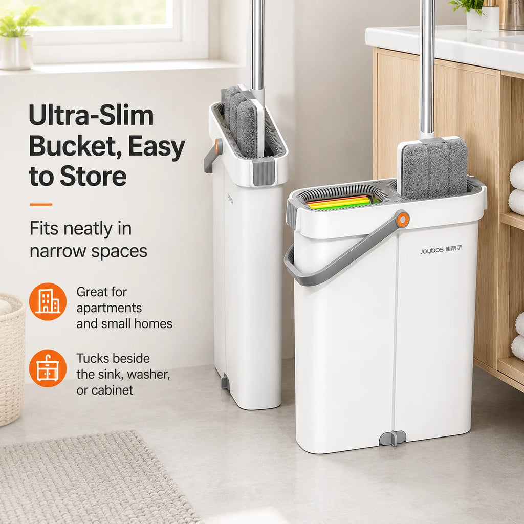 Joybos Ultra-Slim Flat Mop and Bucket System, Hands-Free Wash & Dry Floor Mop Set with 2 Microfiber Pads, 360° Swivel Mop with Squeegee Edge for Hardwood Tile Laminate
