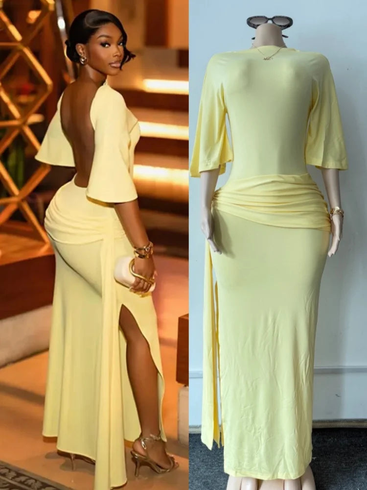 Joskaa Elegant O-Neck Half Sleeve Backless Ruched Slit Bodycon Maxi Dress for Woman 2025 Fall Birthday Evening Vacation Clubwear