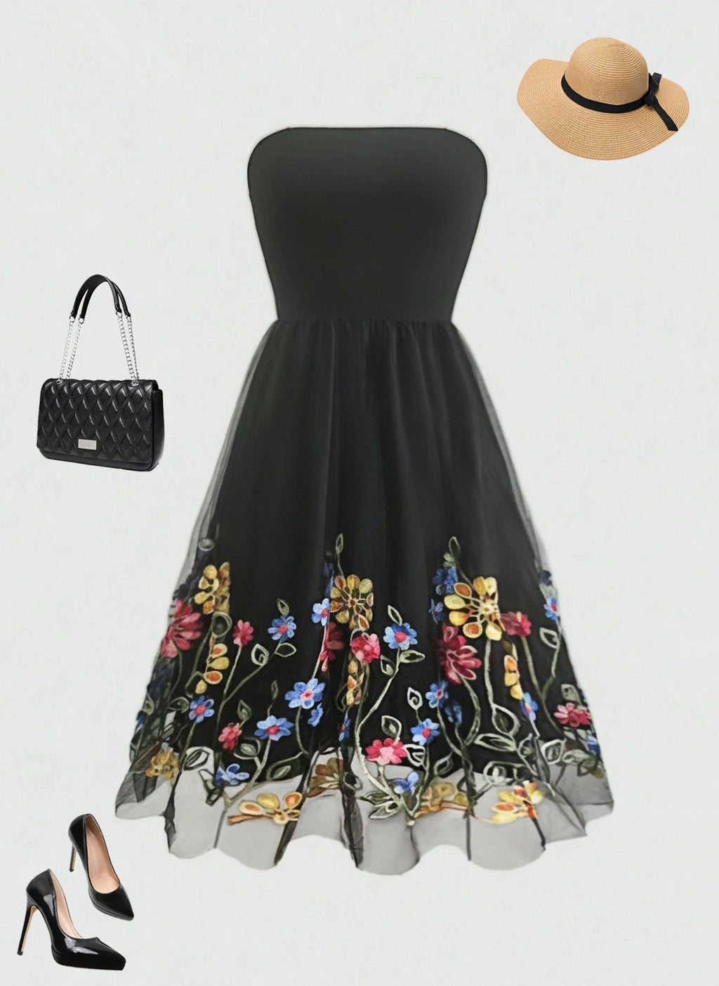New Elegant Summer Dress for Women Embroidered Mesh Floral Strapless Casual Vintage Party Sleeveless Knee-Length Female Dress