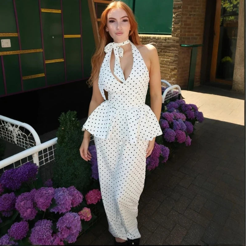 TARUXY Polka Dot Print Trousers Set Female Spring Summer Hot Girls Sexy V-Neck Halter Neck Strap Top Wide-Leg Pants Women's Suit