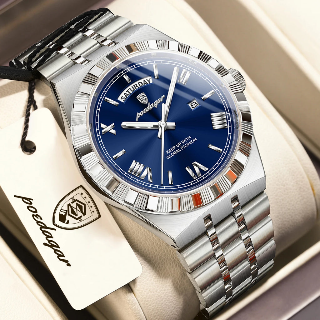 POEDAGAR Fashion Business Men's Watch Luminous Waterproof Week Date Luxury Man Wristwatch Stainless Steel Quartz Watches For Men