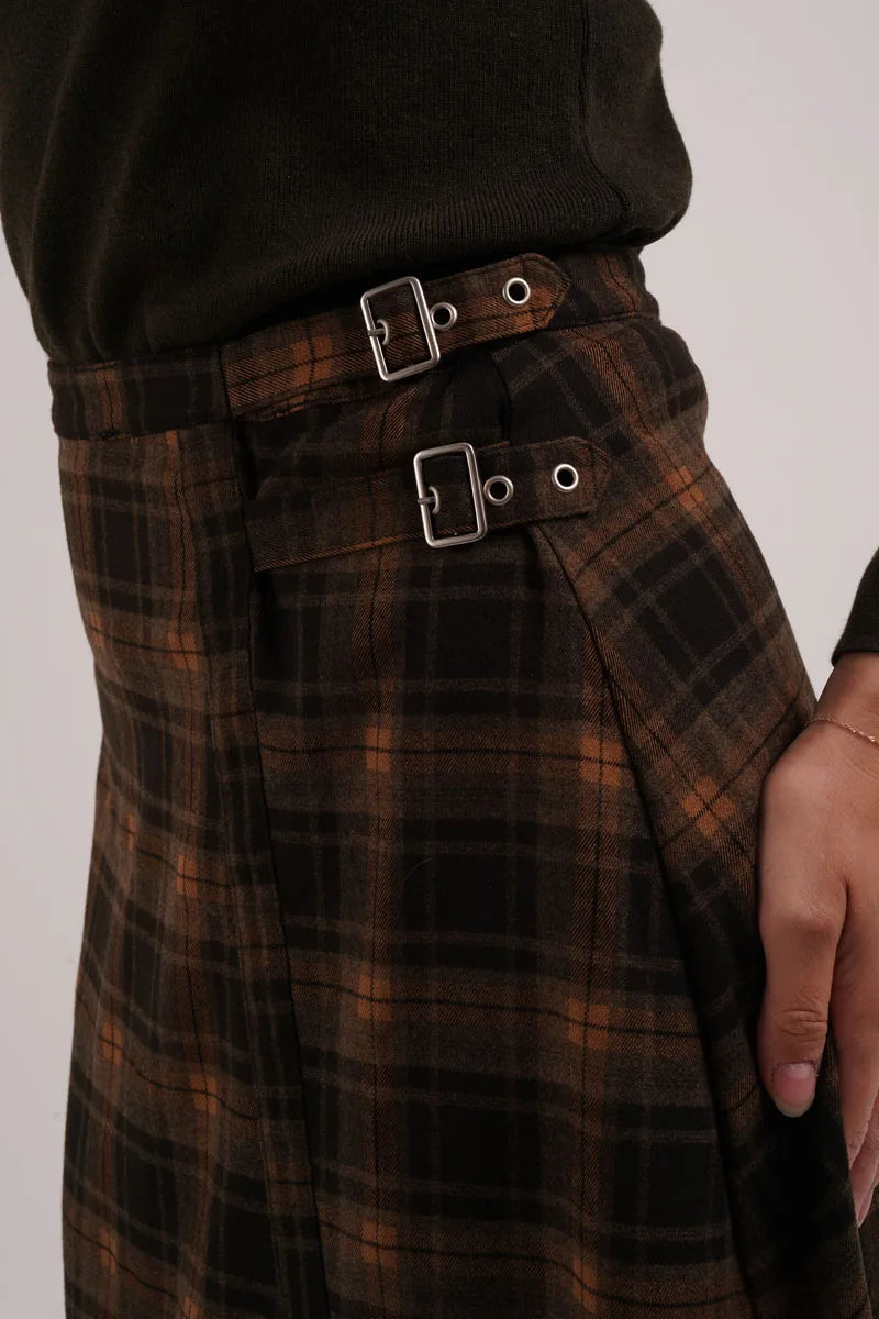 AS AW26 fashion Embroidered knit mockneck top + Plaid buckle skirt match woman clothes