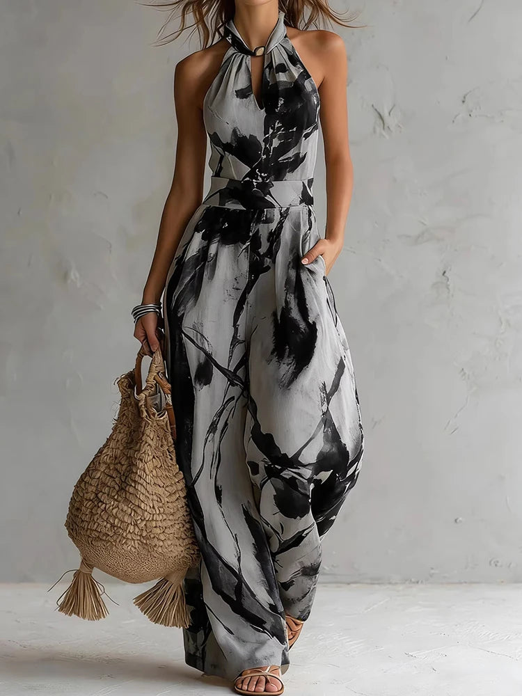 Women Summer Halter Sleeveless Jumpsuit Print Patchwork Wide Leg Pants Playsuit Hollow Out Backless Lace-Up Bodysuit Streetwear