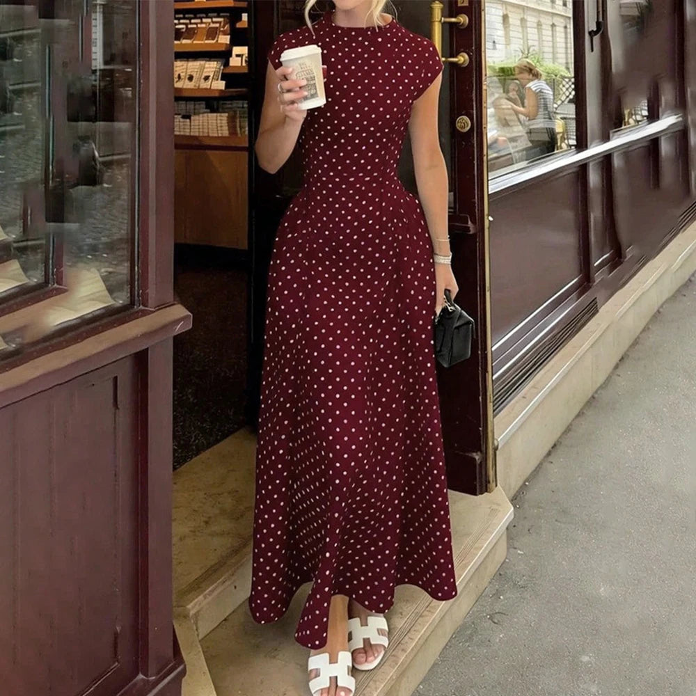 Talenza White Polka Dot Long Dress Summer Sexy High-Waisted Vintage Print Sleeveless Dress Casual Party Vacation New Women Dress