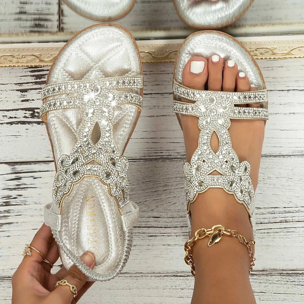 New Crystal Wedge Gladiator Sandals Women Summer Elastic Band Clip Toe Thong Sandals Plus Size Non Slip Boho Beach Shoes Woman