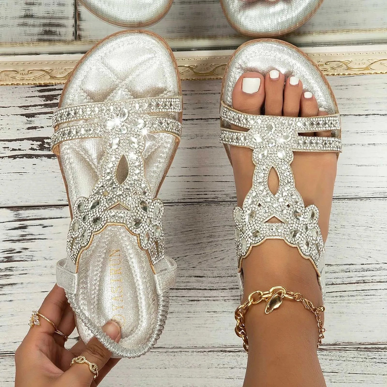 New Crystal Wedge Gladiator Sandals Women Summer Elastic Band Clip Toe Thong Sandals Plus Size Non Slip Boho Beach Shoes Woman