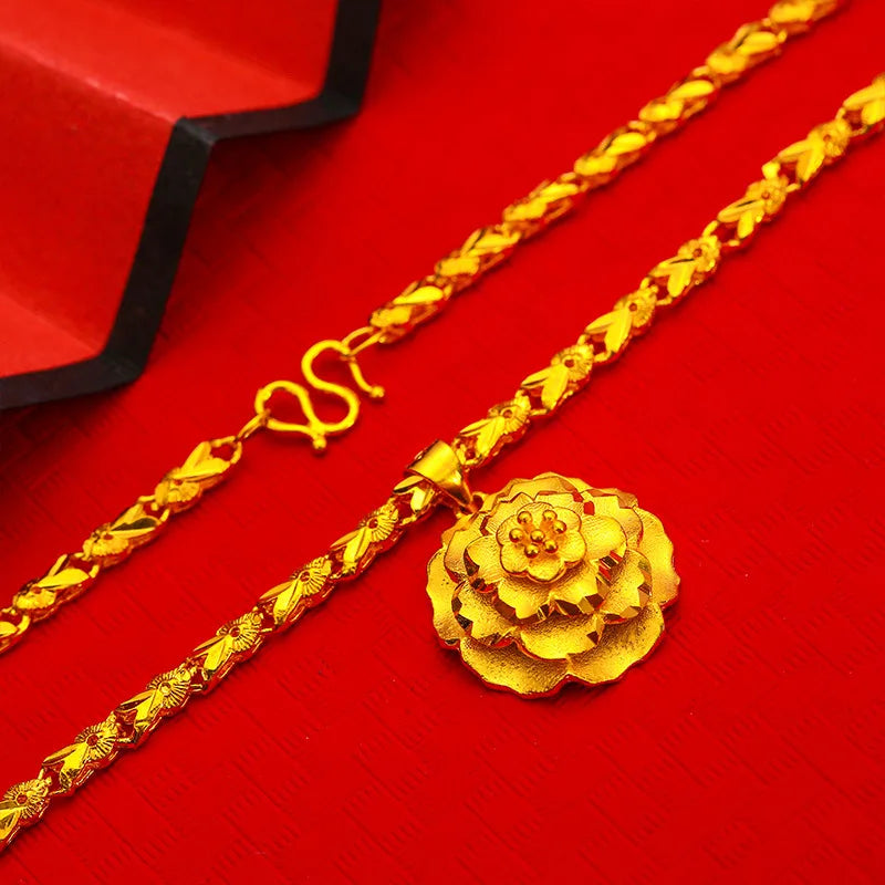 Fashion Simple Flower Pendant Clavicle Necklace For Women 24K Gold AU999, Delicate flower slim your neckline