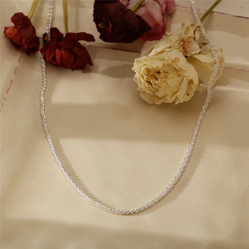 Authentic S925 Sterling Silver Necklace 2mm Sparkling Collarbone, Sweater Chain, High Charm Jewelry Gift Women