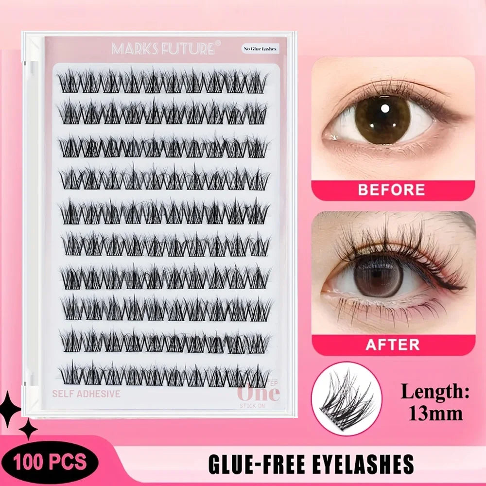 Self-adhesive 100-piece 5D self-adhesive false eyelashes, suitable for beginners, D-curl cluster lashes, no glue required, no trimming needed, 10-14mm, natural appearance and easy to apply