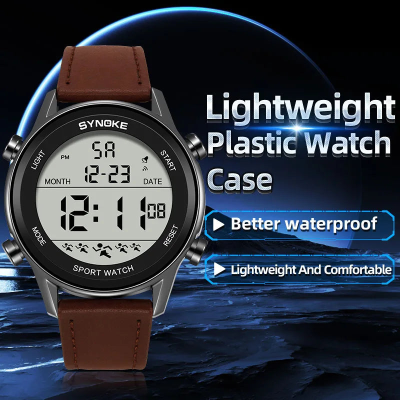 SYNOKE Men Outdoor Sports Multifunctional Waterproof Large Screen Display Luminous LED Digital For Men Fashion Belt Watch