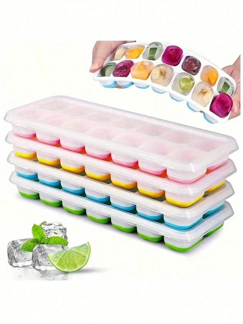1/2/4pcs Silicone Ice Cube Trays, Easy Release & Flexible, 14-Cavity 4-Color Mixed With Anti-Spill Removable Lids, Stackable With Lid, Kitchen Accessories, Small Kitchen Tools