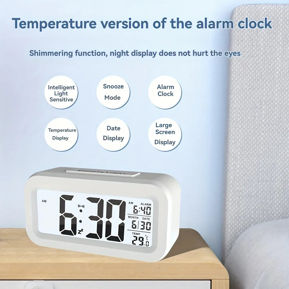 Smart Digital Alarm Clock with Intelligent Light Sensor Large LCD Screen Display Date Temperature Snooze Mode Silent Desktop Electronic Clock for Bedroom Bedside Kids Gift