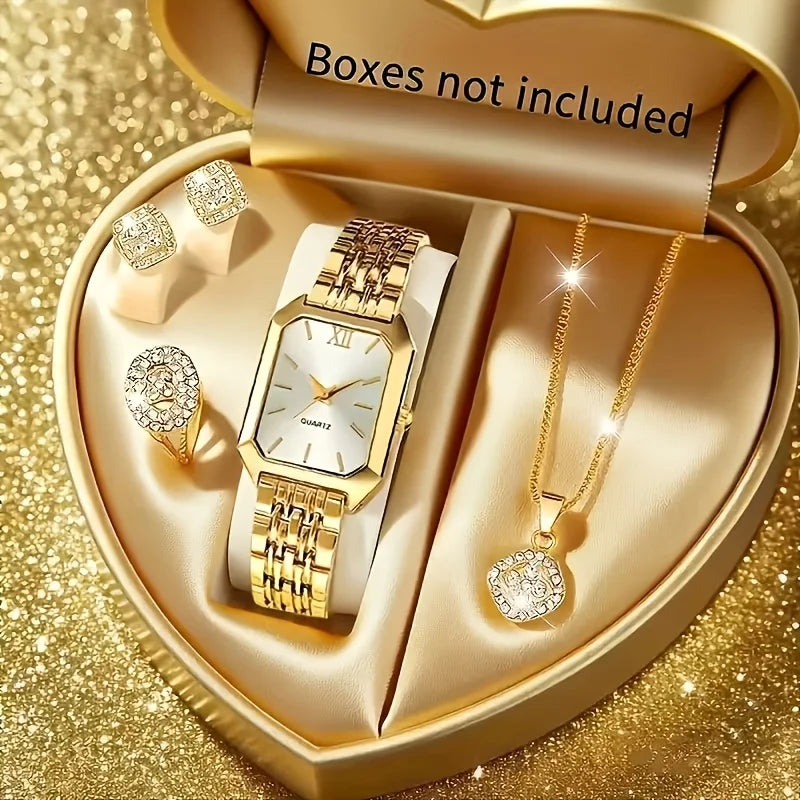 5PCS Elegant Rectangle Rhinestone Quartz Watch Jewelry Set Fashion Women Watches Reloj Mujer Girl Clock Gift（Without Box）