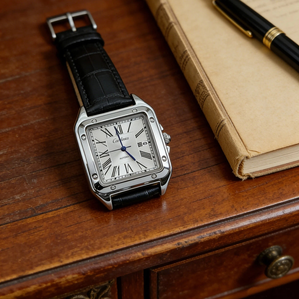 Men's Square Roman Numeral Quartz Watch, Luxury Stainless Steel Case, Black Leather Strap, Automatic Style Wristwatch, Waterproof, Business Dress Watch, Date Display, Elegant Watch, Suitable for Gentlemen's Casual and Formal