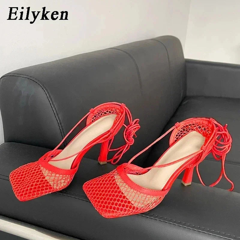 Eilyken Spring Women Pumps Mesh Sandals Shoes Female Square Toe High Heel Lace Up Cross-tied Stiletto Hollow Tacones De Mujer