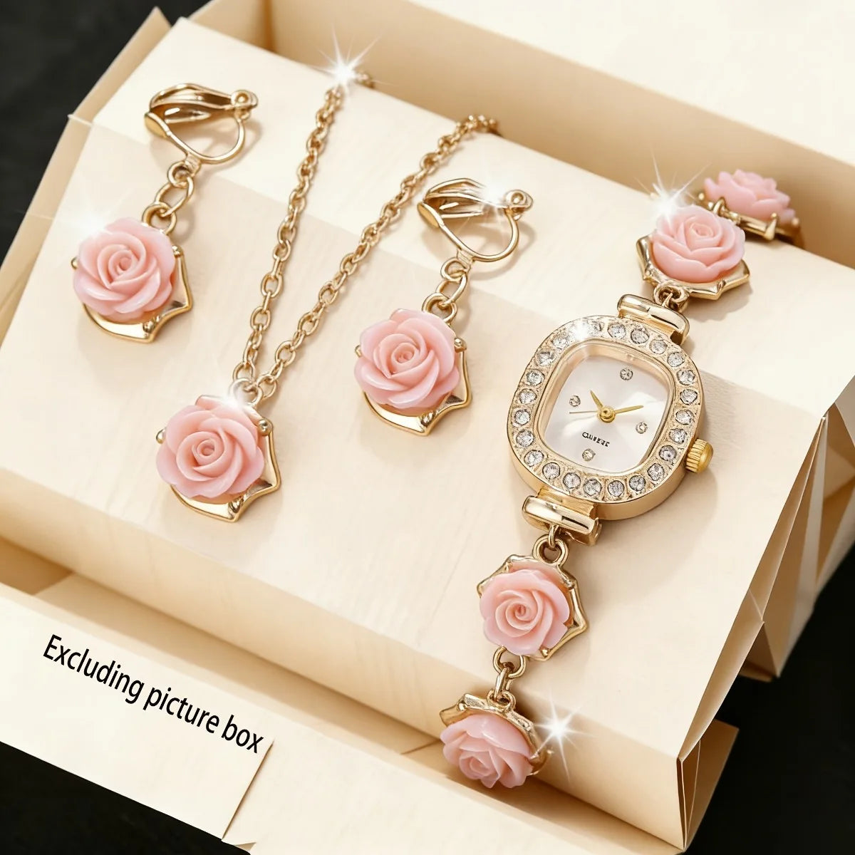 4PCS Elegant Flowers Women Watch Jewelry Set Fashion Rhinestone Square Ladies Quartz Wristwatches Accessories Gifts（Without Box）