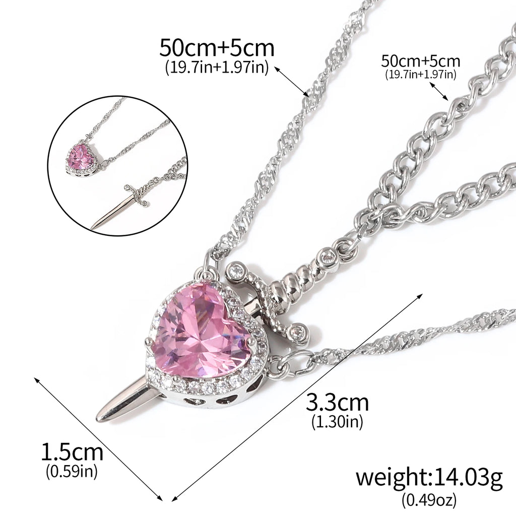 LATS 2pcs Can Be Assembled Heart and Sword Zircon Pendant Necklace for Women Men Couple Silver Gold Plated Choker Chain Jewelry