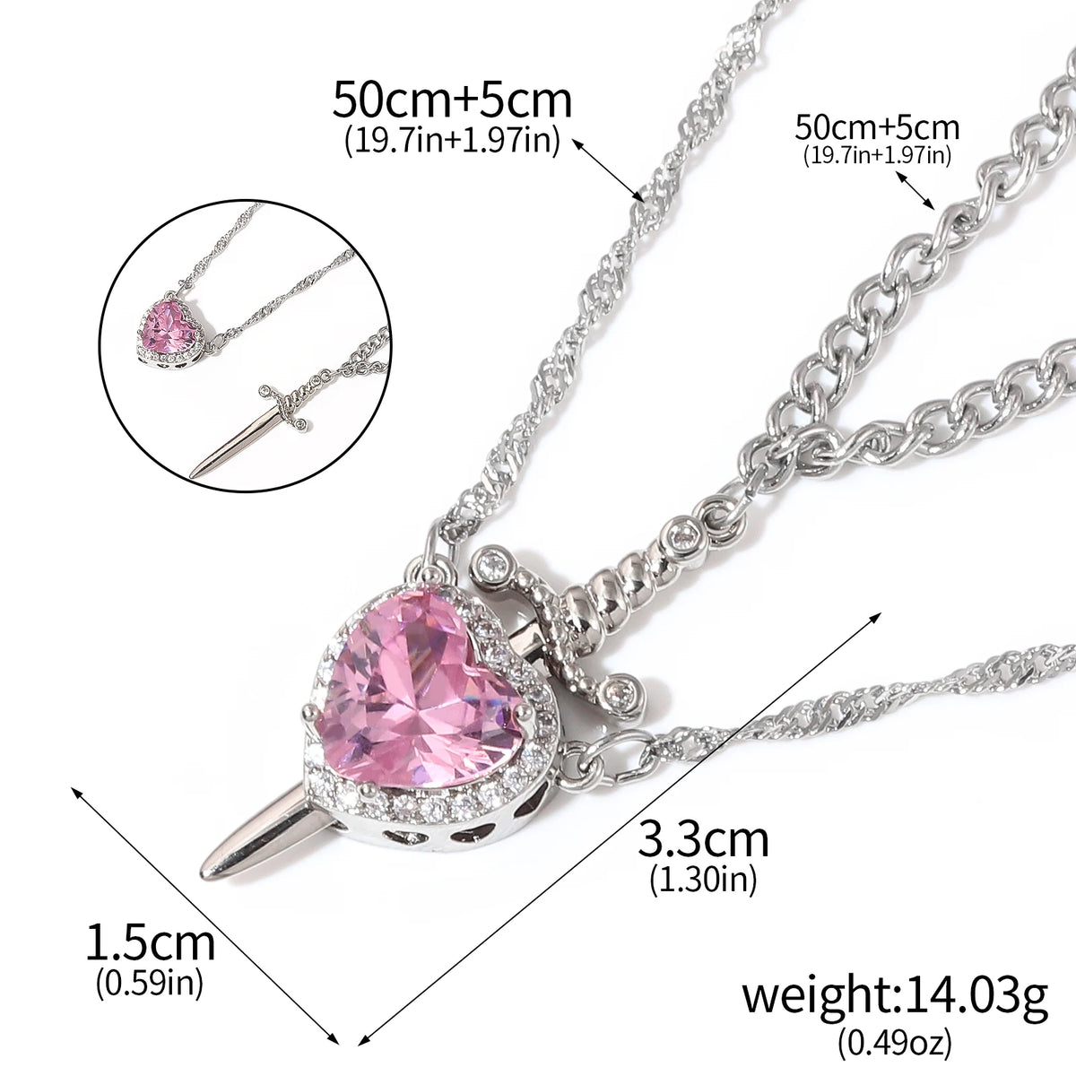 LATS 2pcs Can Be Assembled Heart and Sword Zircon Pendant Necklace for Women Men Couple Silver Gold Plated Choker Chain Jewelry