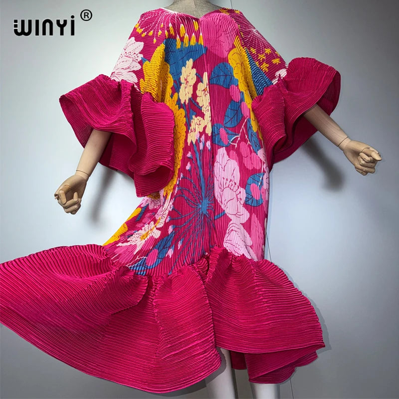 WINYI boho Pleated Elastic Slim Dress for Muslim Women Beach Cover up Kaftan Abaya Dubai Luxury Long down Holiday Evening Wear