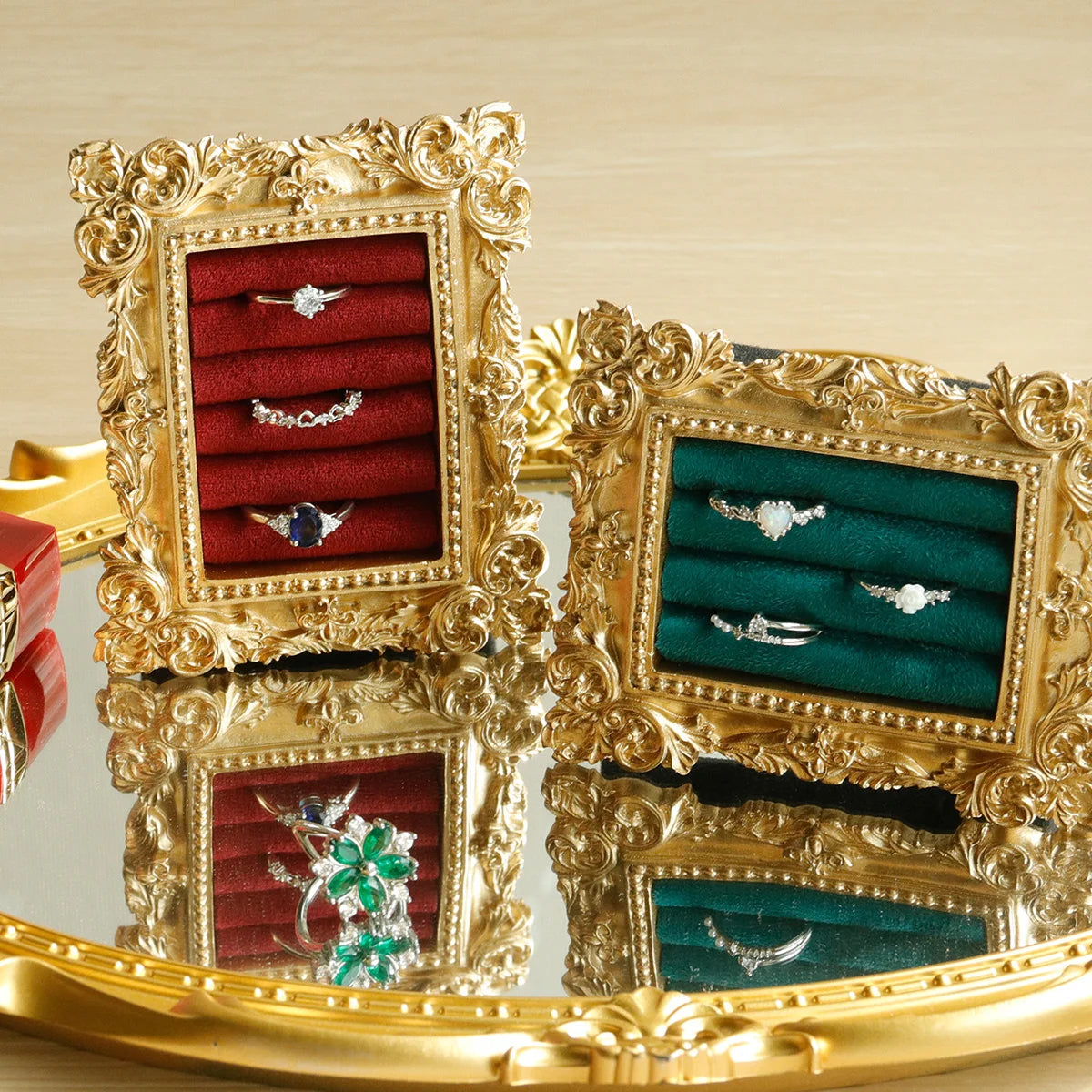 Vintage Gold Ring Display Stand,Suede Earring Tray Baroque Design,Wedding & Birthday Gifts, Velvet Organizer for Engagement Prop