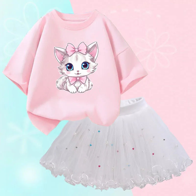 Summer Little Girls Clothing Cute Cat T Shirt& mesh Tutu Skirt Two Piece Set Fashion Korean Children Clothes Outfits 3-14years
