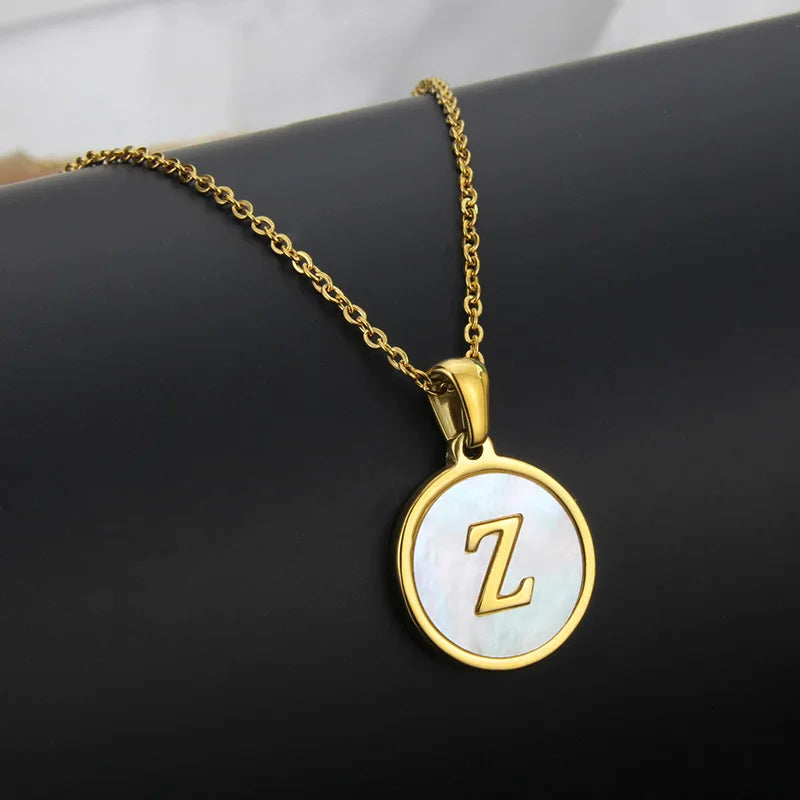Initial Letter Necklaces for Women Trendy Stainless Steel Circle Couple Pendant Inlaid Shell Jewelry