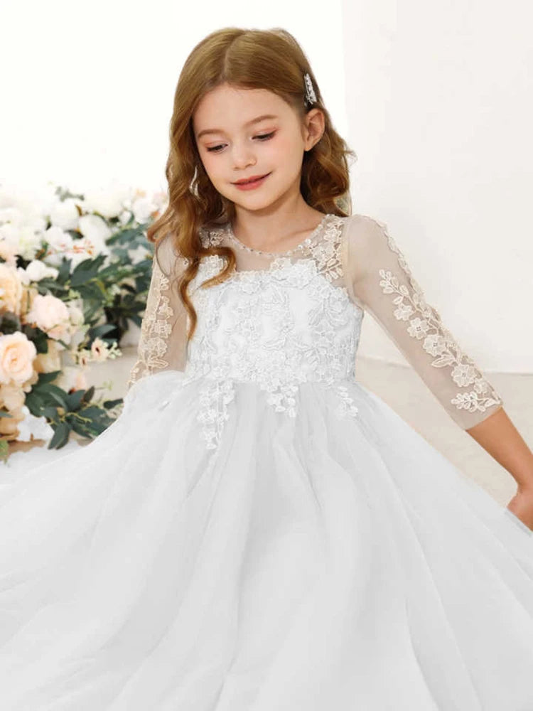 Lace Floral Appliques Flower Girl Dress 3/4 Sleeve Girls Pageant Tulle Ball Gown