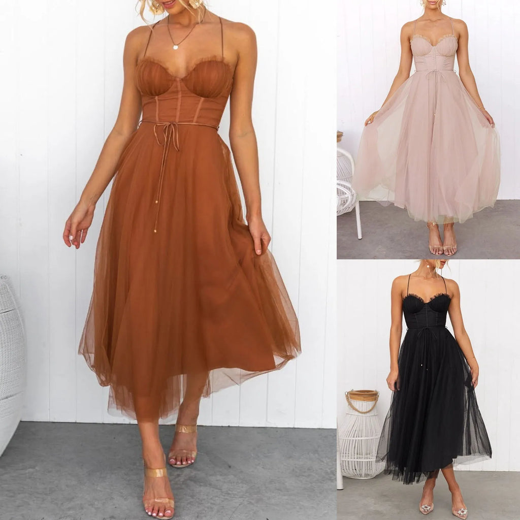 Elegant Midi Wrap A-Line Dress Women Spaghetti Strap 2025 High Waist Tulle Evening Dress Backless Sexy Party Dresses