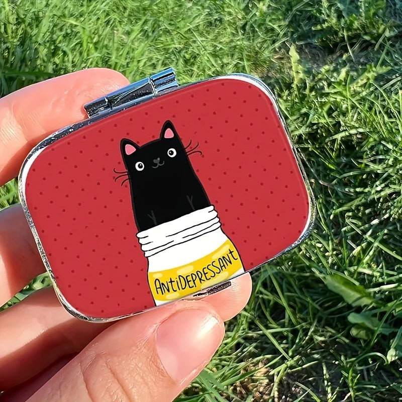 Cute Black Cat Cartoon Pill Box - Compact 2-Compartment Medicine Organizer, Portable for Travel & Purse, Unique Gift Idea