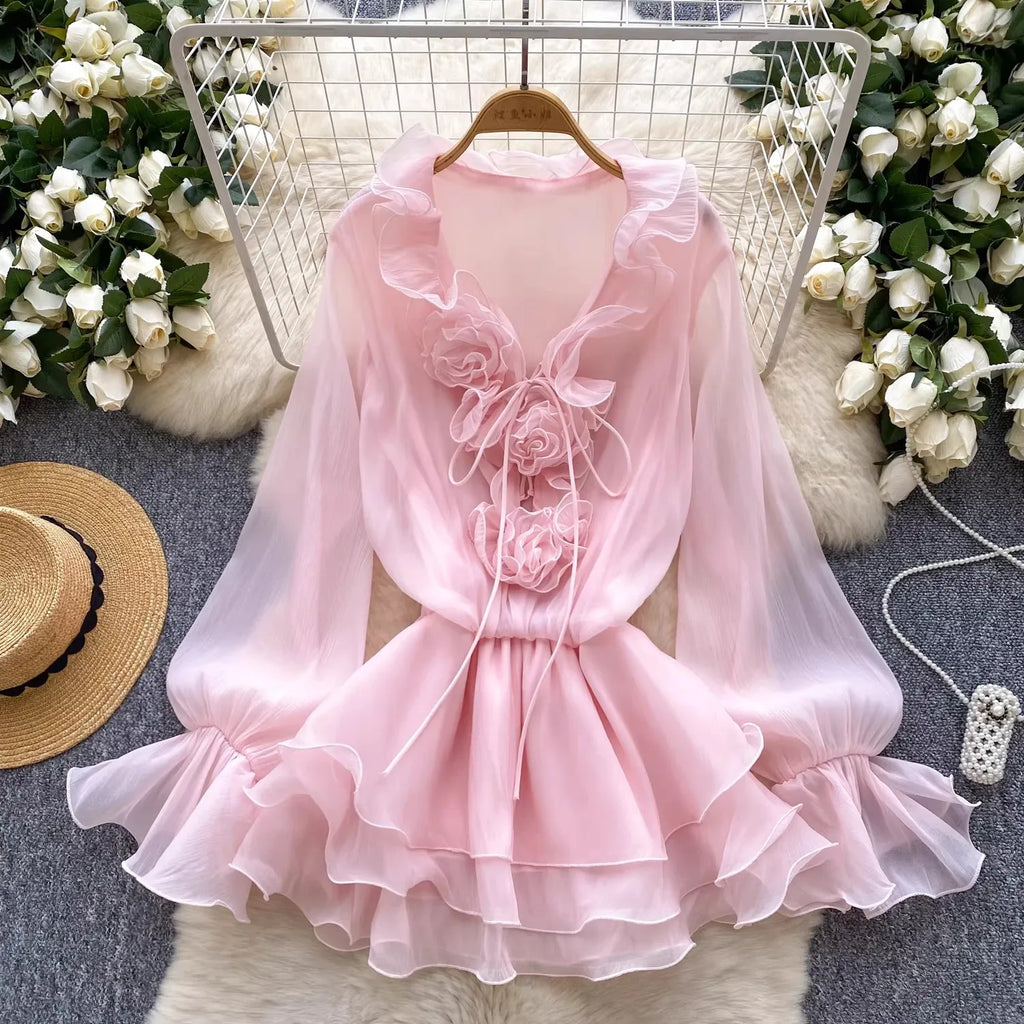 V-neck Long Flare Sleeve Vestidos Ruffles 3d Flower Dress Spring Tunic Dresses Temperament Ropa De Mujer Gentle Vestido