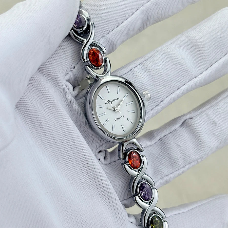 Elegant Lady's Retro round Color Gem Rainbow Quartz Watch with Chain Scale French Luxury Fashionable Ladies' Timepiece