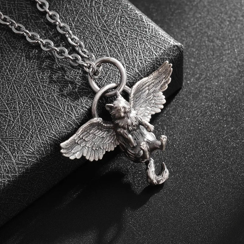 Classic Retro Silver Plated Cute Pet Wing Cat Pendant Necklace for Men Women Fashion Personalized Clavicle Chain Jewelry Gifts