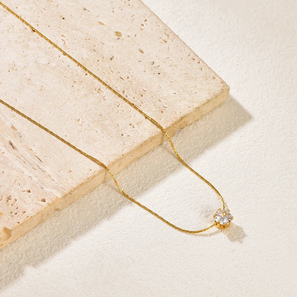 L176 Sparkling Diamond Zircon six-prong diamond bamboo link Chain necklace collarbone chain stainless steel gold jewelry