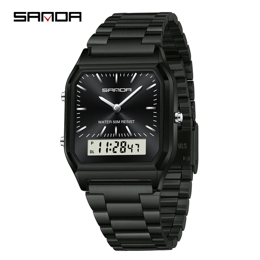 SANDA 747 Men's Quartz Digital Watch Waterproof Casual Fashion Watch Wear-resistant Stainless Steel Couple Strap Square Watch