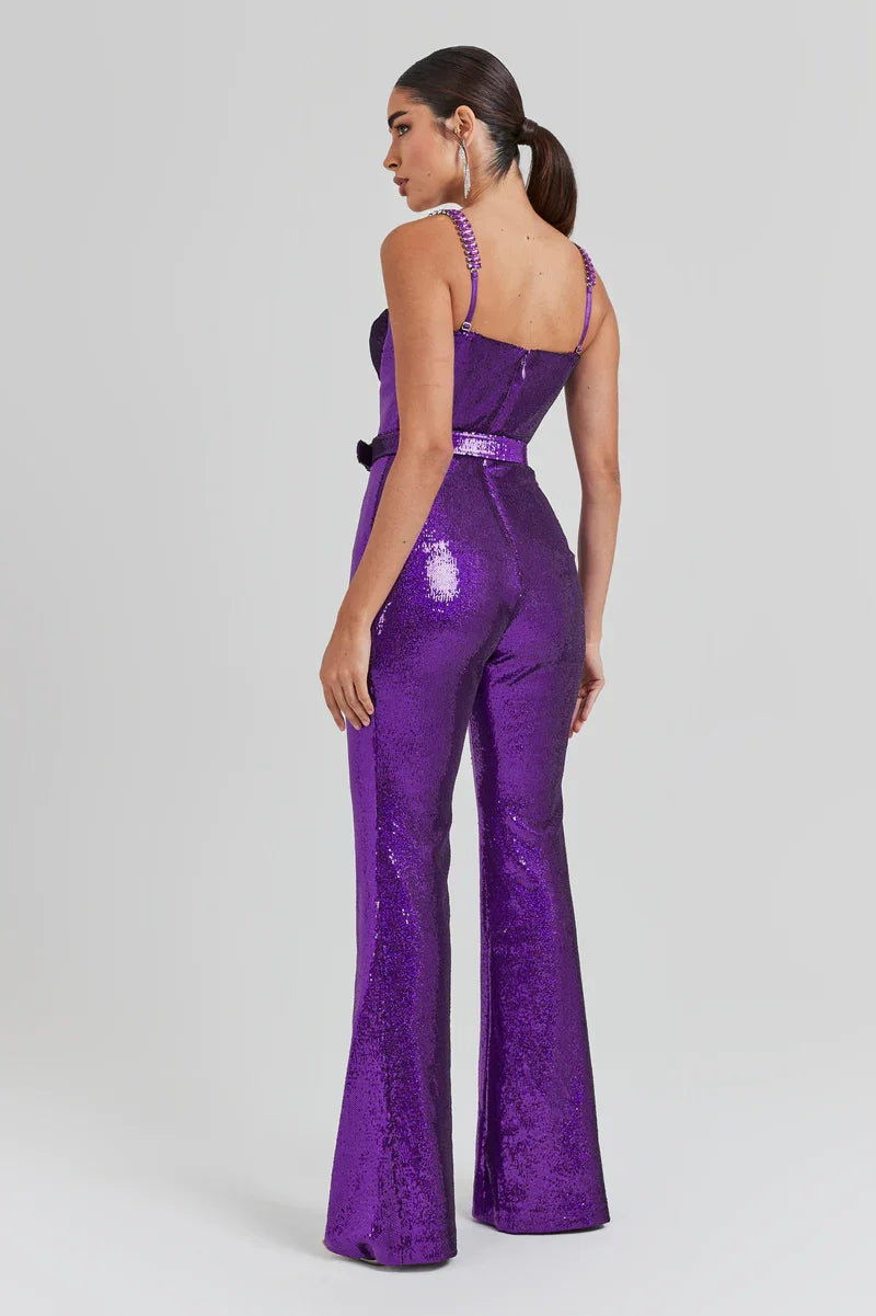 VC Women's Jumpsuits Luxury Gold Sequins Design Birthday Party Clubwear Sleeveless Spaghetti Strap Jumpsuits With Belt