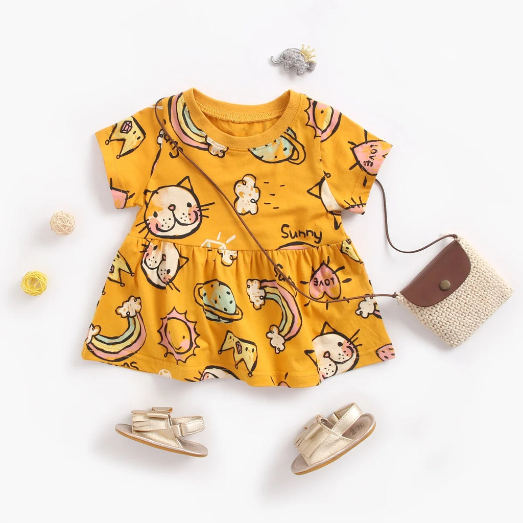 Sanlutoz Short Sleeve Summer Baby Dress Cute Pattern Casual Kids Girls Clothing Dress Cotton