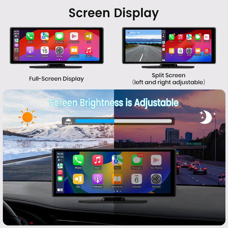 Junsun 10.26 Inch 4K Dash Cam Wireless Apple CarPlay Android Auto GPS Navigation Dual Lens DVR WiFi Rear View Camera Touch Screen Video Recorder Loop Recording G Sensor Multimedia Display