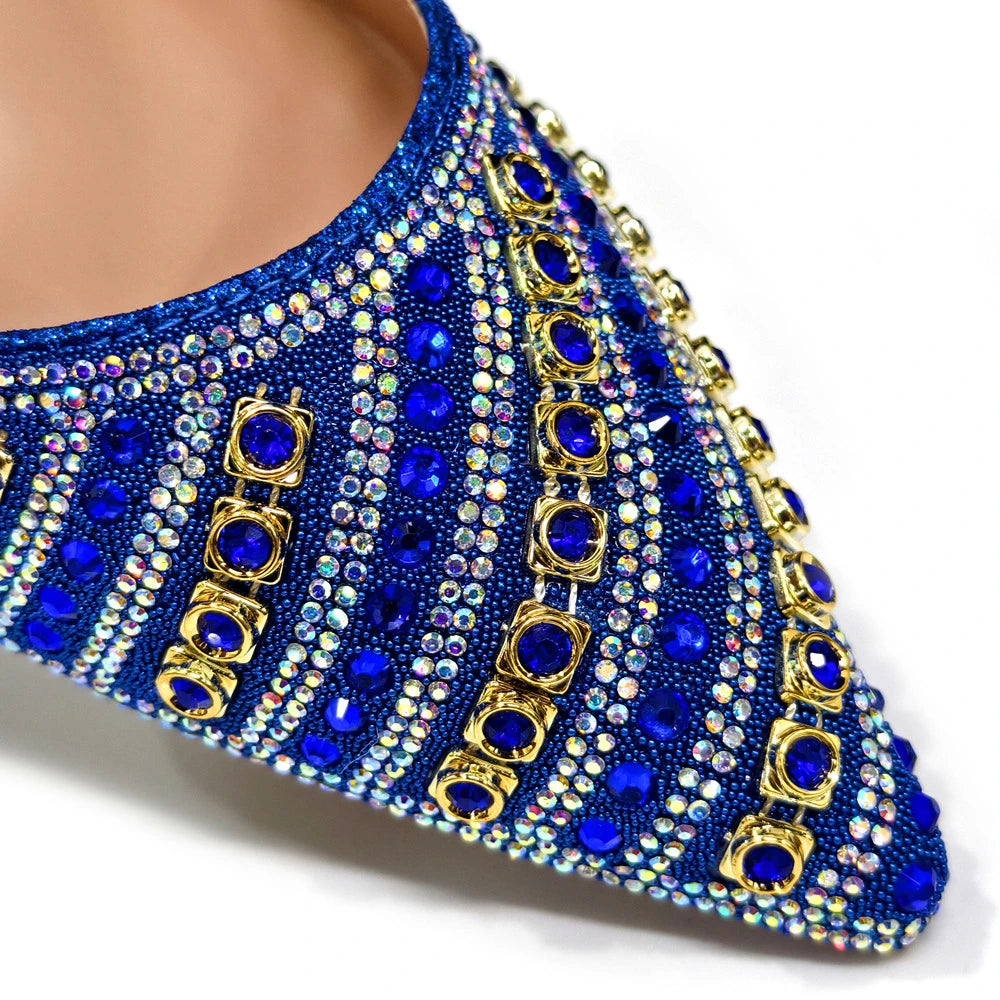 2025 Summer New Design Specials Italian Women Shoes and Bag Set Blue Color Comfortable Low Heels With Rhinestone