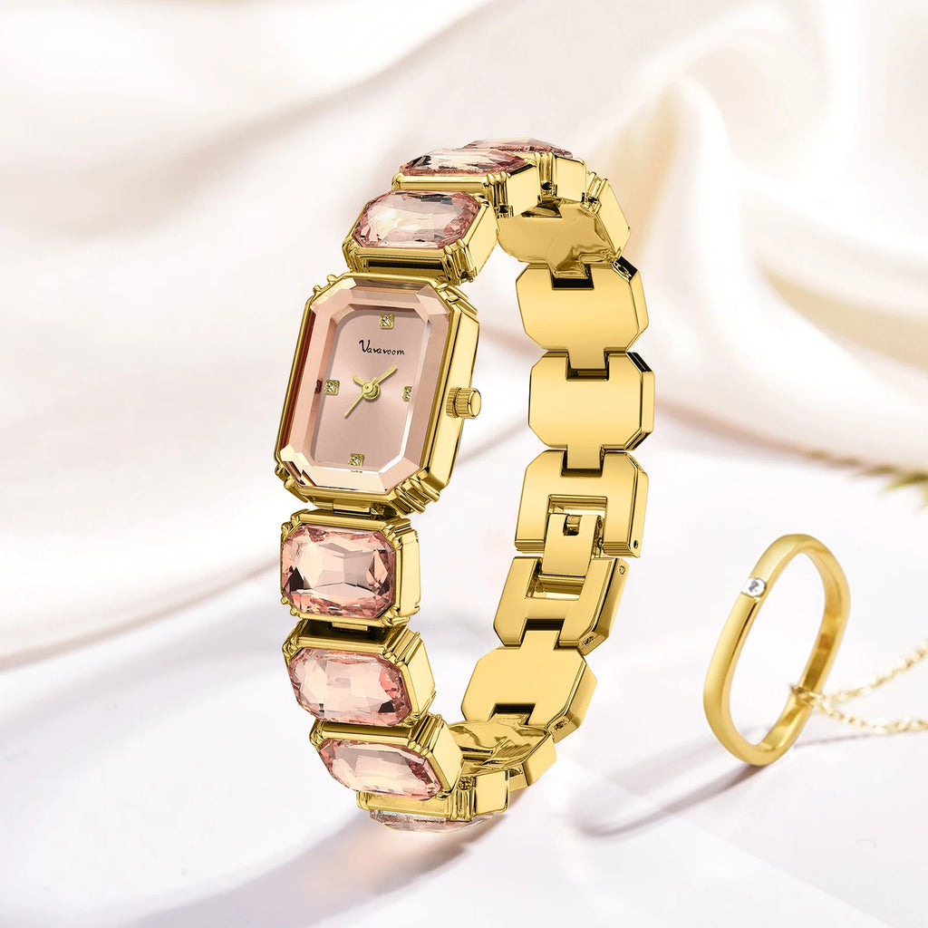 Women Square Watch Luxury Rhinestone Stainless Steel Original Quartz Movement Fashion Bracelet Clock Rose Gold Jewelry Wristatch