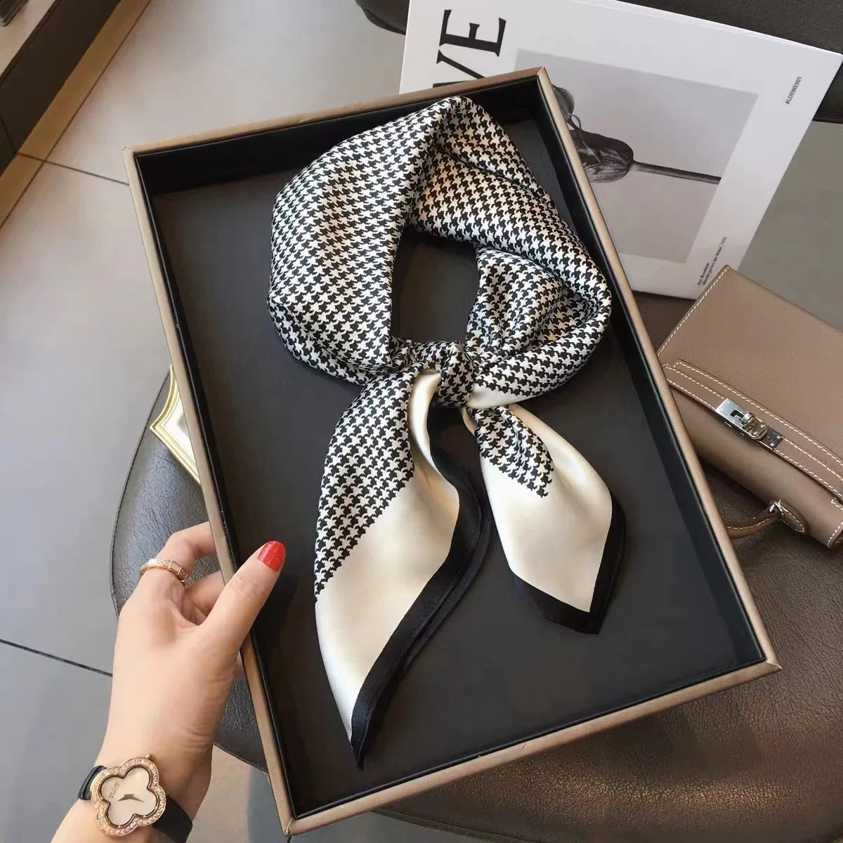 Elegant Geometric Striped Square Scarf for Women Satin Fashion Wraps Neckerchief Female Hair Bands Ribbon Headband Bandana