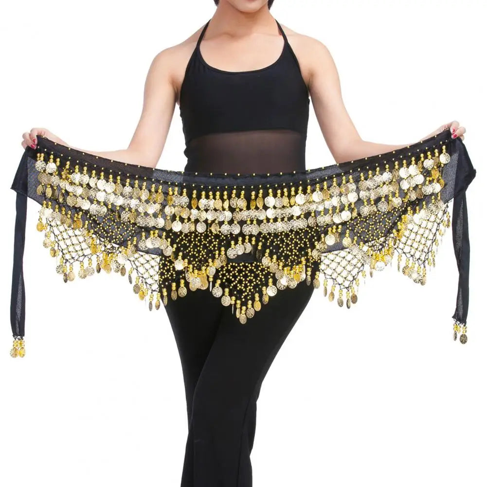 Velvet Women Belt Belly Dance Waist Wrap Skirt Chain Golden Coin Tassel Women Belly Dance Hip Skirt Waist Wrap Scarf