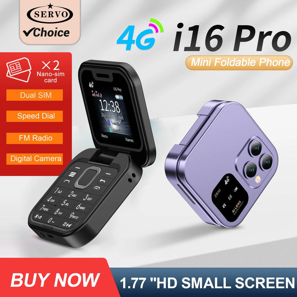 SERVO I16 PRO 4G LTE Foldable Mini Mobile Phone 2 SIM Speed Dial Call Recording Flashlight 1.77'' Screen Flip Cellphone Blacklis