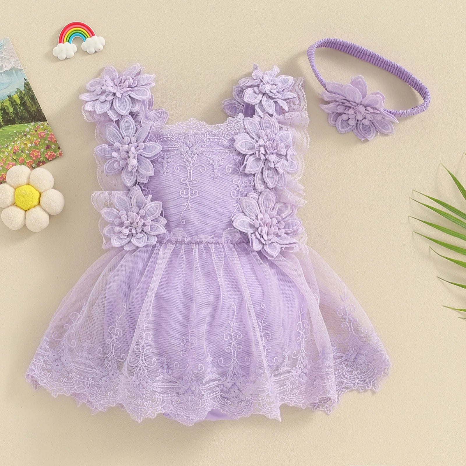 Pudcoco Infant Baby Girls Romper, Summer Sleeveless Square Neck Floral Lace Casual Party Street Bodysuit Tops + Head Band 0-18M