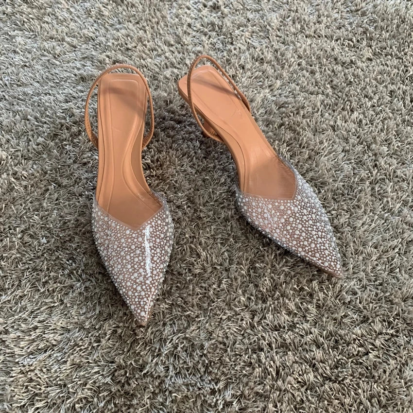 Summer Womens Pointed Toe High Heels Sandals Sexy Woman Shoes Fashion Pearl Decoration Party Wedding Slingback Woman Sandal Shoe