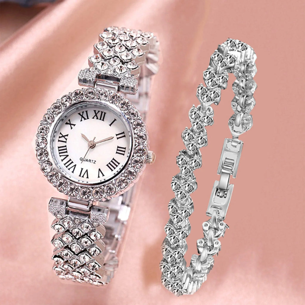 Fashion Women Elagant Watch Casual Simple Steel Strap Quartz Diamond Inlaid Watch Bracelet 2pcs Set Temperament Wearing Style