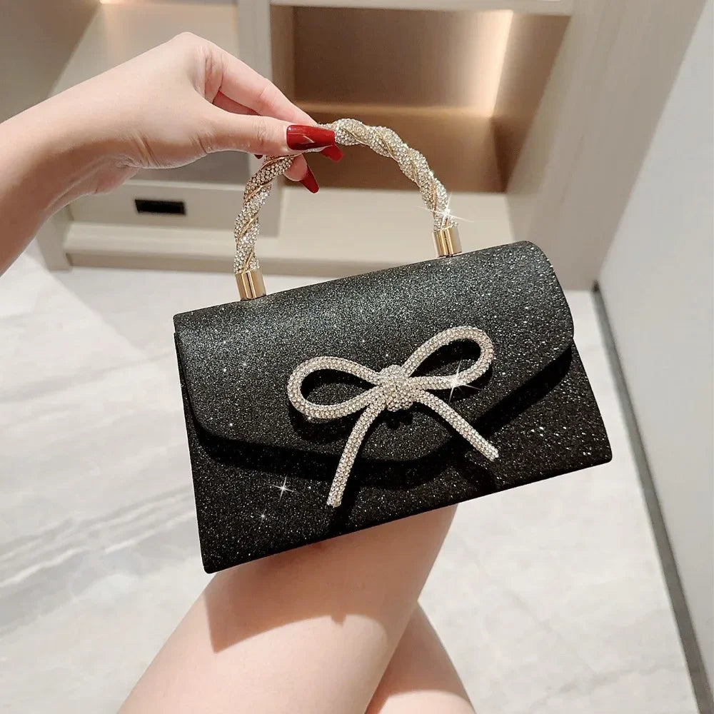 Fashion Rhinestone Bowknot Evening Bag Glitter Gold Silver Bow Chain Bag Clutch Bag for Women Female