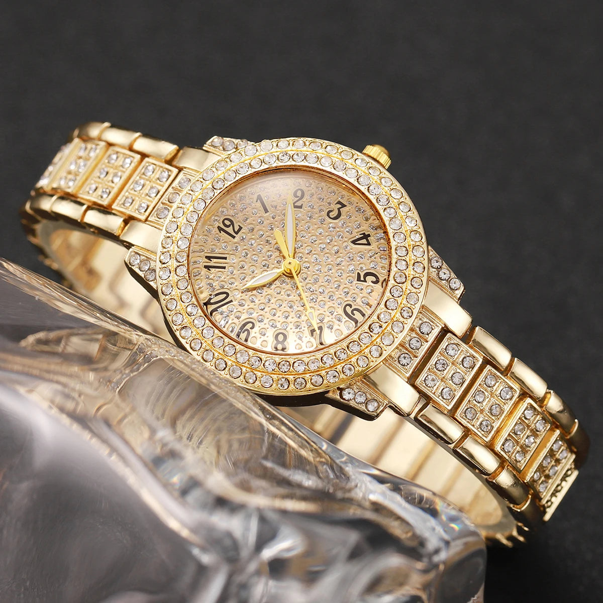 6PCS Fashion Full Diamond Women's Watch Gold Steel Band Analog Quartz Watches Jewelry Set（Without Box）