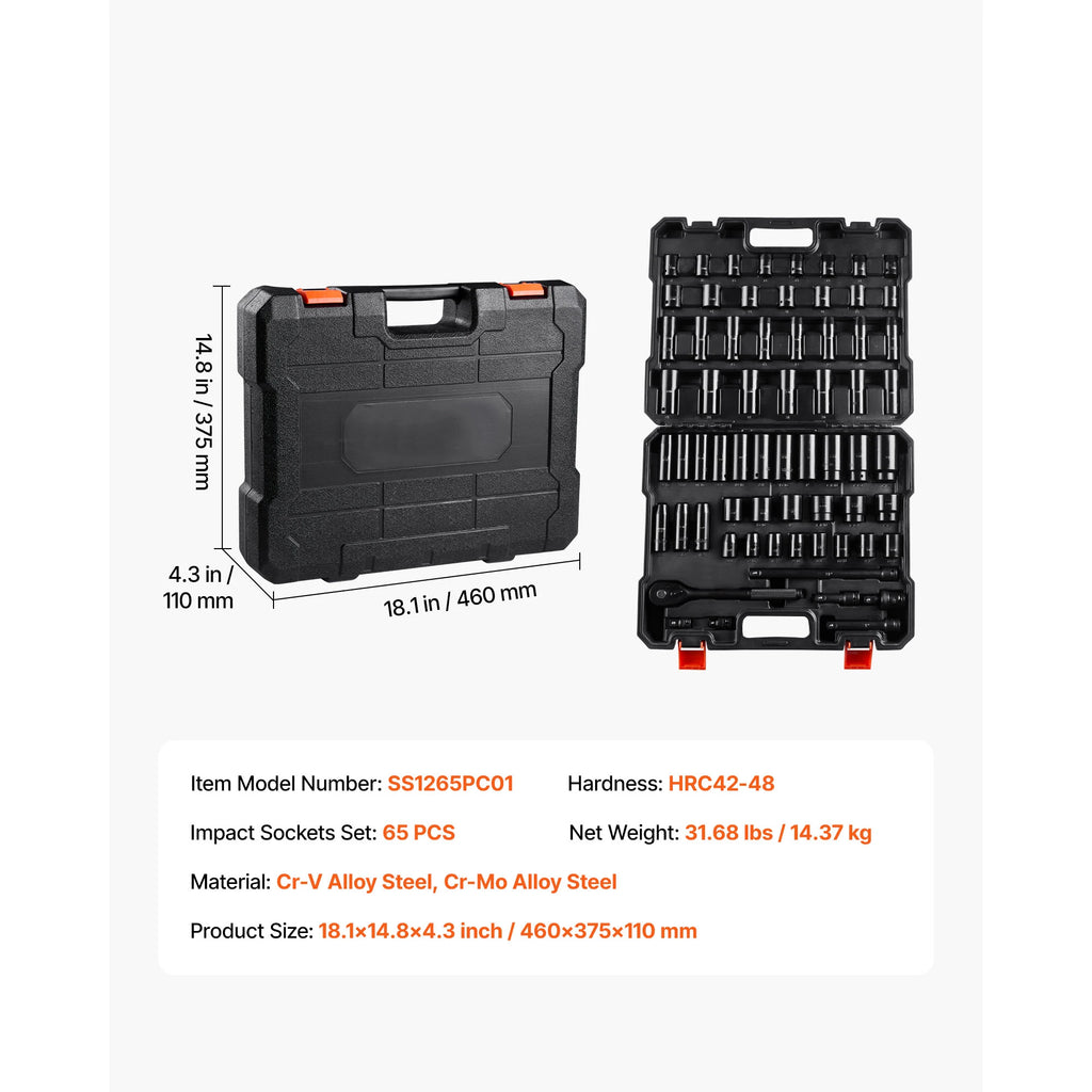 SucceBuy 26/65PCs US Plus Drive Impact Socket Set Deep Standard Socket Set SAE Metric 6 Point CR-V Cr-Mo Alloy Steel Auto Repair
